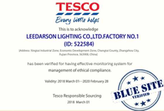 LEEDARSON Factory Awarded the Blue Rating by TESCO